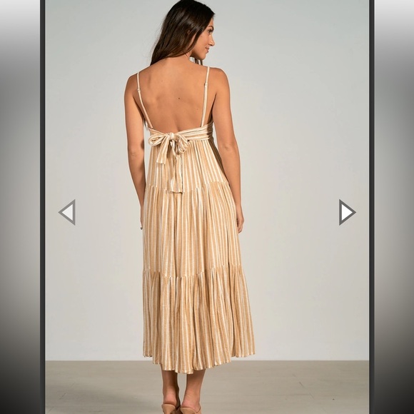 Elan Tan White Sassy Stripe Linen Blend Spaghetti Strap Back Tie Maxi Dress NWT - Picture 3 of 14